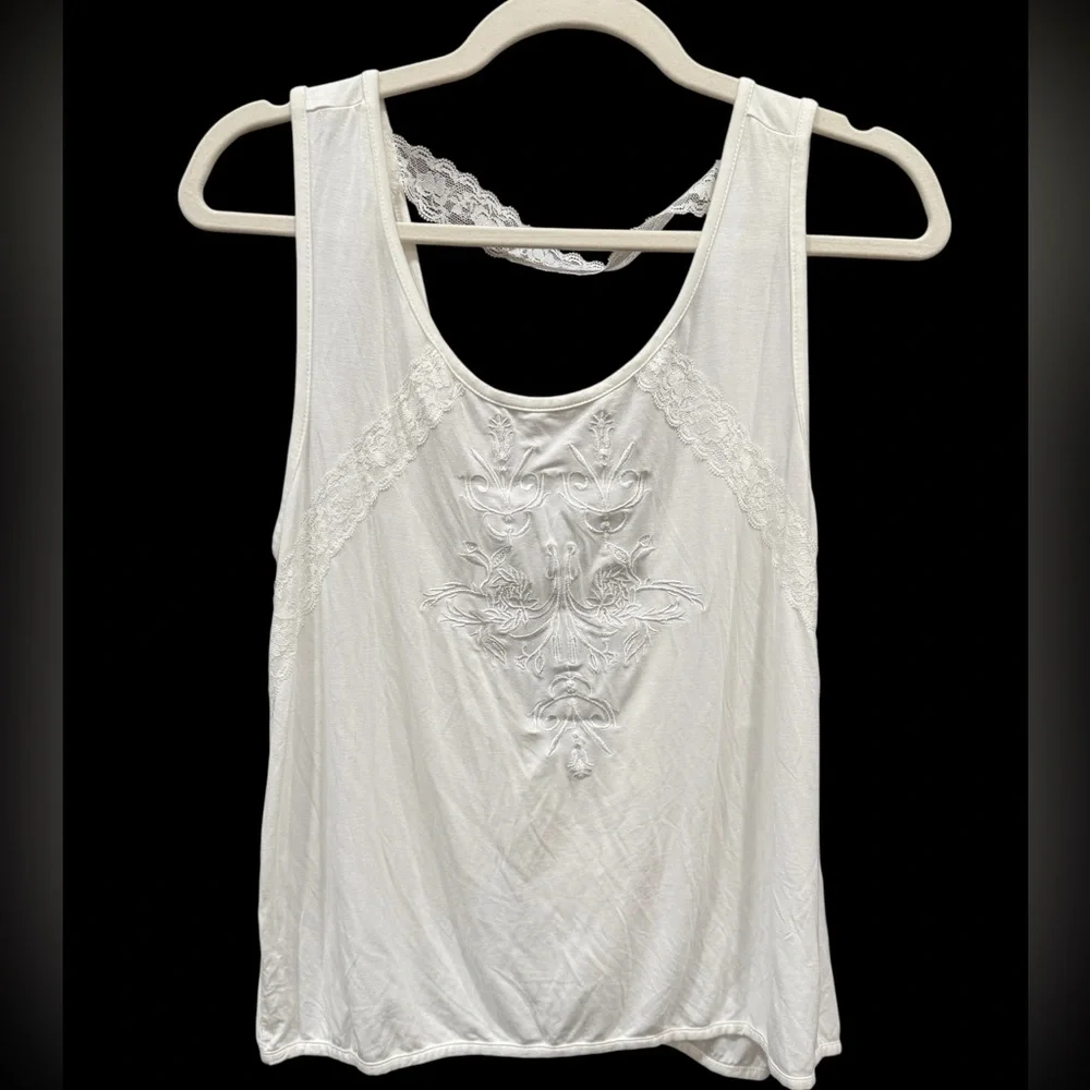 POL Ivory Lace Embroidered Twist Front Tank | Boho Cottagecore Top S - Picture 2 of 4